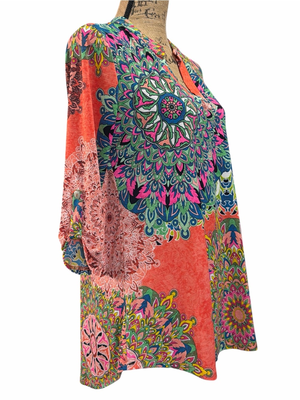 Paisley Grace. Coral Multi-Print V-Neck Tunic Top. Size large - Picture 5 of 6